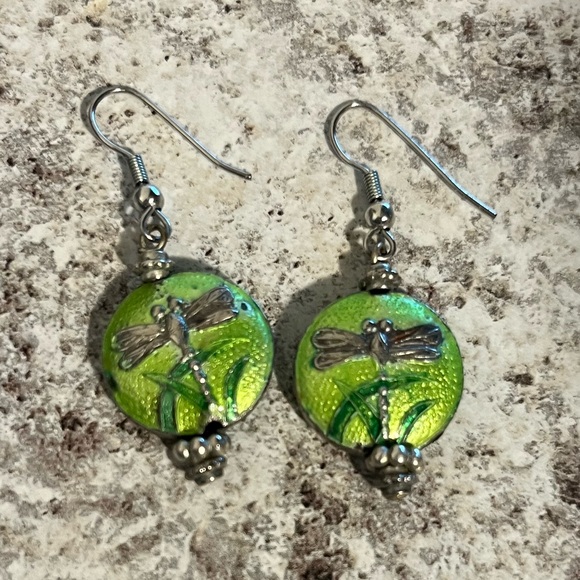 Silver Tone and Green Dragonfly Earrings - Picture 4 of 5